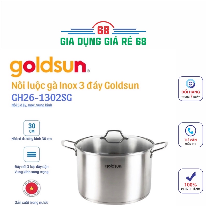 Nồi luộc gà,Đáy Từ, inox Goldsun GE43-1302SG size 26-28-30Cm- Hàng chính hãng