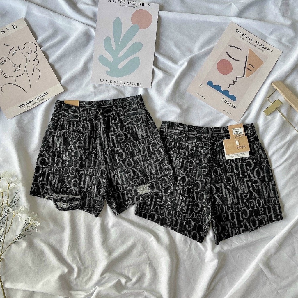QUẦN SHORT JEAN DỆT CHỮ RÁCH NHẸ XINH