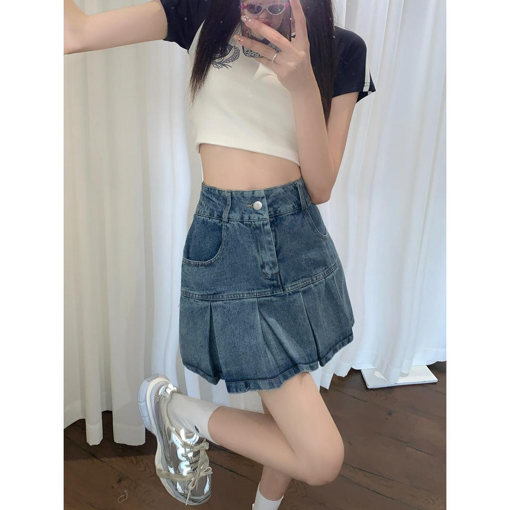 Lalisas Chân váy jean Ngắn Xếp Ly Dáng Chữ A Phong Cách retro Cao Cấp Cho Nữ