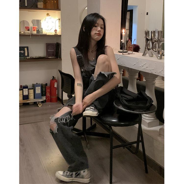 Jiashucheng Hàng Có Sẵn Quần Yếm Jean Rách Lưng Cao Dáng Ôm Phong Cách Mới Mùa Hè Dành Cho Bạn Nữ Fema