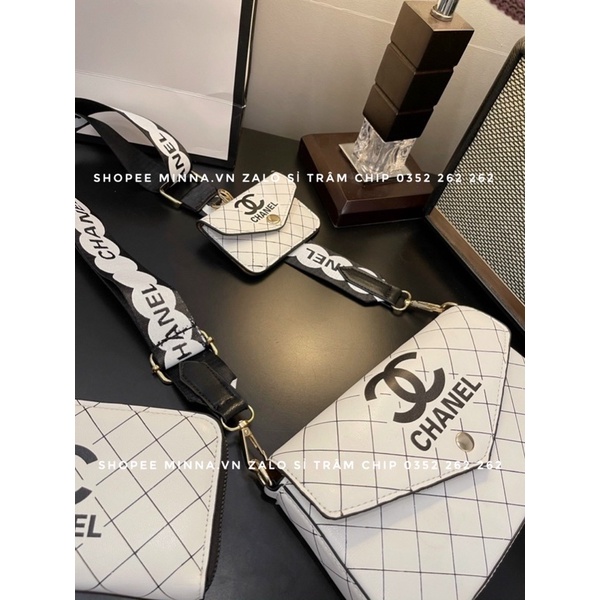 Túi Đeo Chéo Nữ Đẹp Sét 3 Món Dáng Bì Thư In Vạch Chéo Nổi