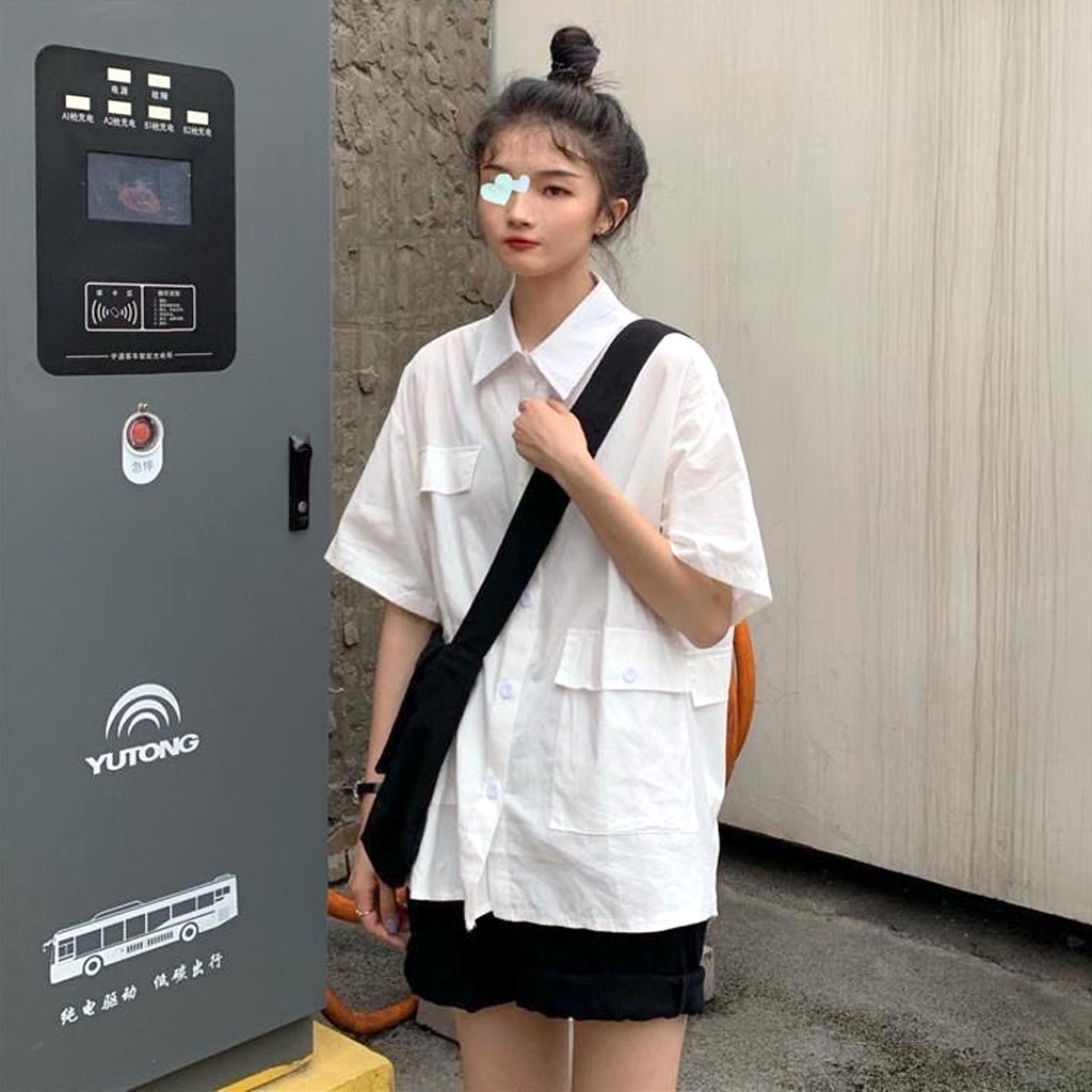 Áo Sơ Mi Nam Nữ Form Rộng TRƠN Basic Unisex Cộc Tay Trắng và Đen, Kiểu áo sơ mi suông Ulzzang