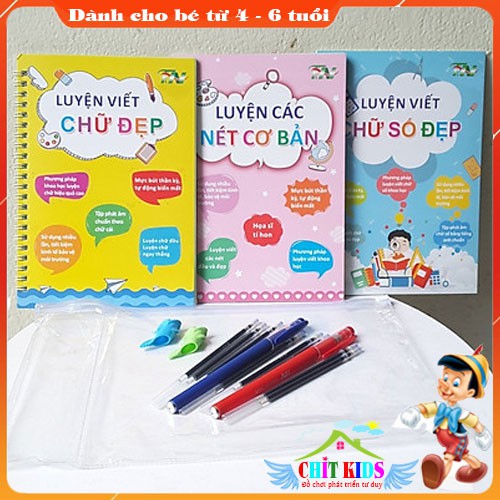 Bộ 3 vở luyện viết chữ, chữ số và các nét cơ bản (tặng kèm 2 bút, kê tay và 6 ngòi)