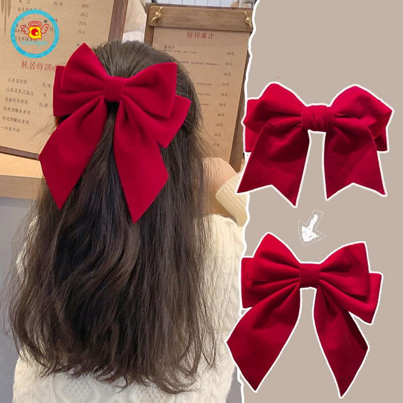 Kẹp tóc Iq Angel hình nơ bằng nhung màu đỏ mừng năm mới phong cách Trung Hoa dành cho bé gái