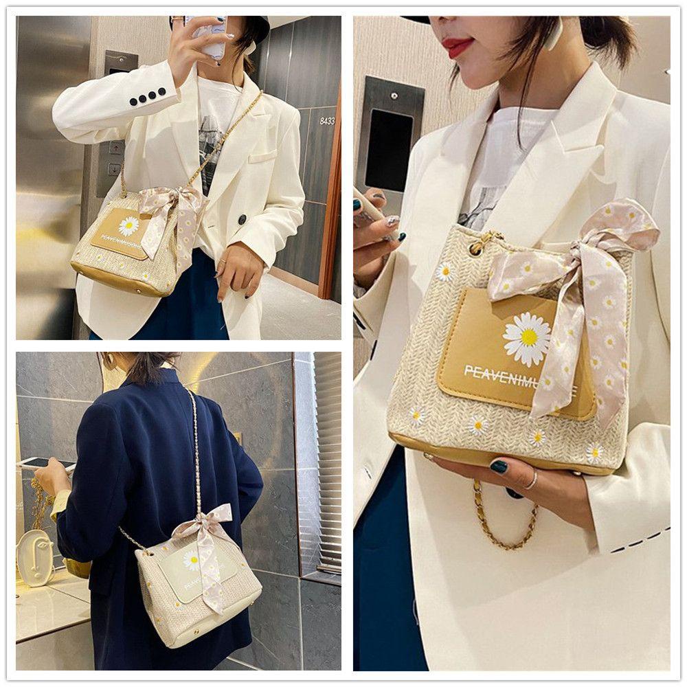 Túi Cói Phối Khăn Lụa Thời Trang Hàn Quốc Xinh Xắn