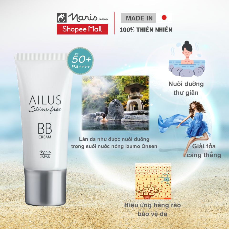 Kem nền trang điểm đa chức năng BB Cream Naris Ailus Stress Free 30g, che khuyết điểm kiềm dầu tốt nhất của Nhật