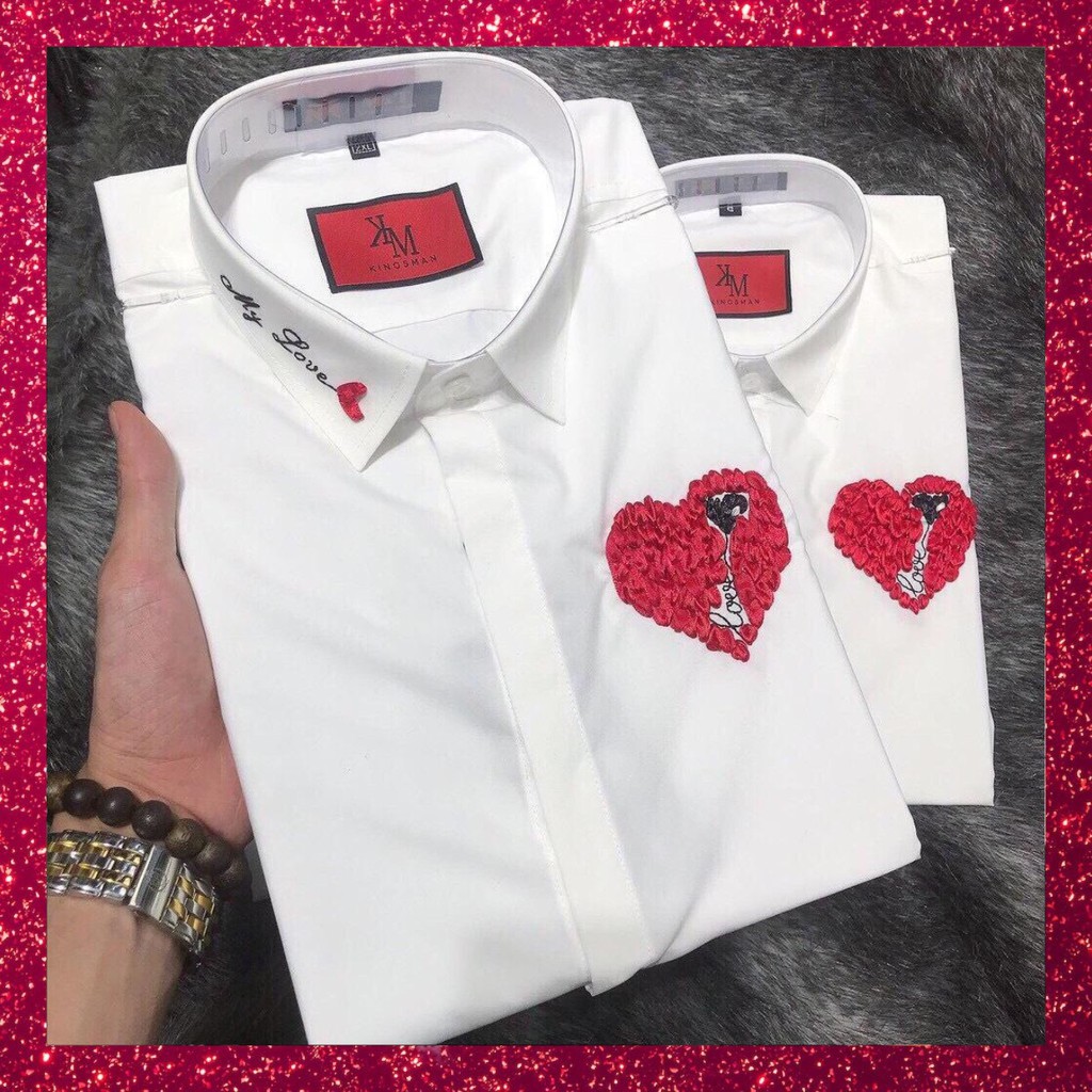 ÁO SƠ MI NAM NỮ,ÁO SƠ MI CẶP, ÁO SƠ MI ĐÔI THÊU TRÁI TIM TRẮNG ĐEN DÀI TAY CAO CẤP HÀN QUỐC FORM ĐẸP