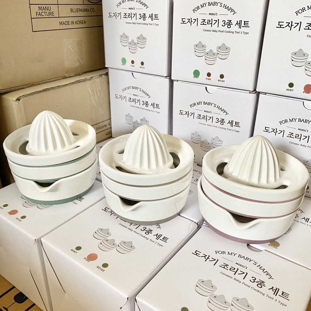Bộ vắt cam gốm sứ 3in1 Ceramic Modui Bluemama dùng để nghiền, chế biến đồ ăn dặm | Dụng cụ nghiền thức ăn cho bé