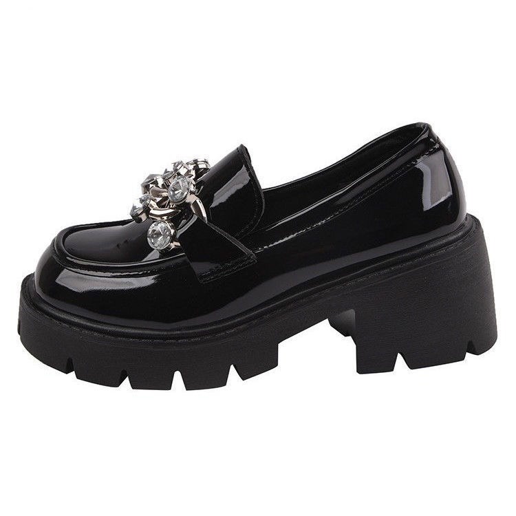 [ORDER 7-15ngày](SẴN KIM LOẠI 36,39) Giày nữ ulzzang lolita đen bóng đính ĐÁ cao 6CM mũi tròn