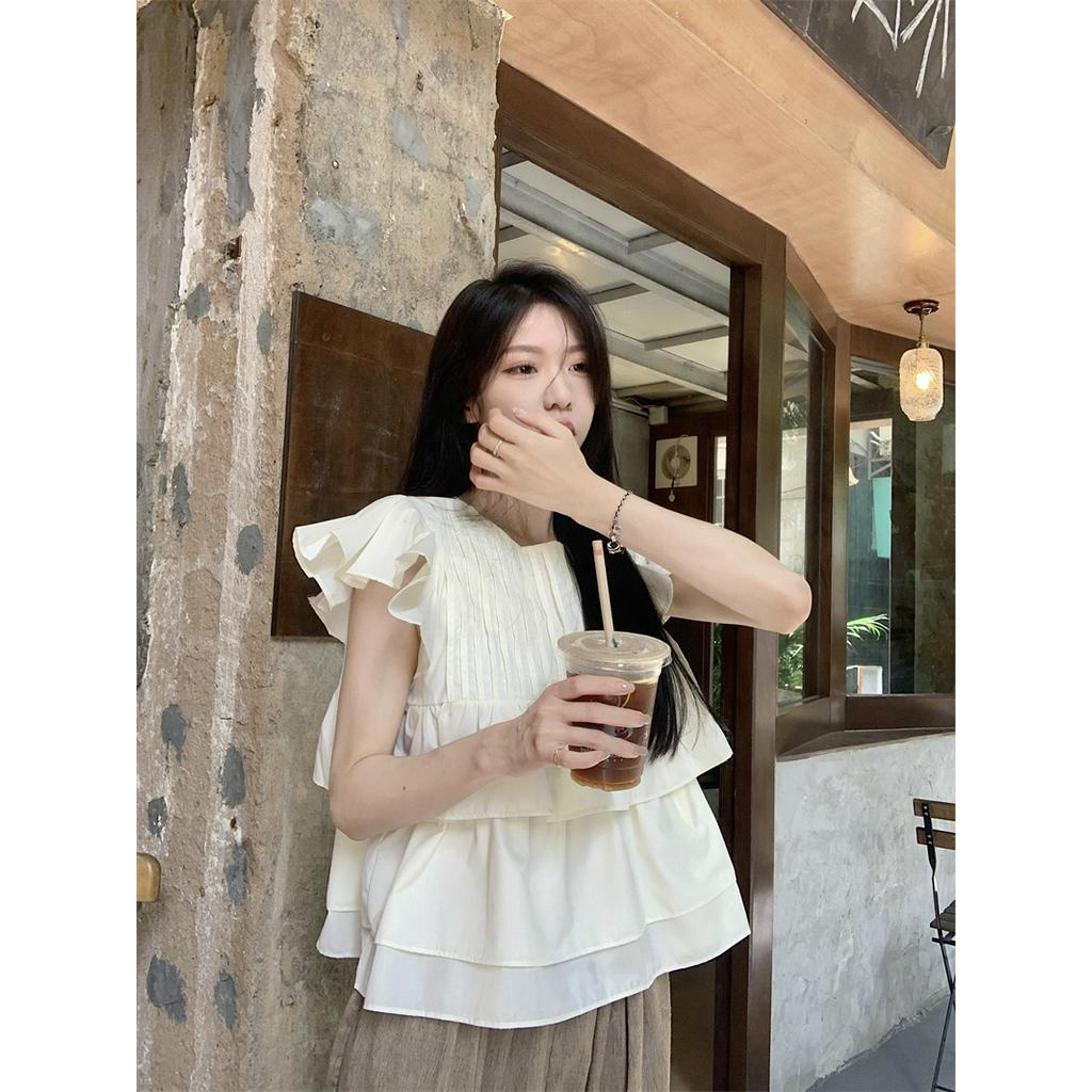 Áo Sơ Mi Cổ Tròn Xếp Ly Nhỏ Viền Tay Áo Bay Phong Cách Mới 65487