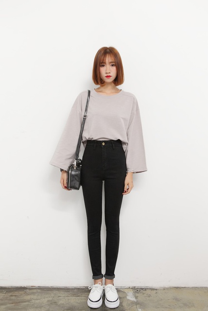 Quần Jean cotton skinny đen lưng cao ôm body