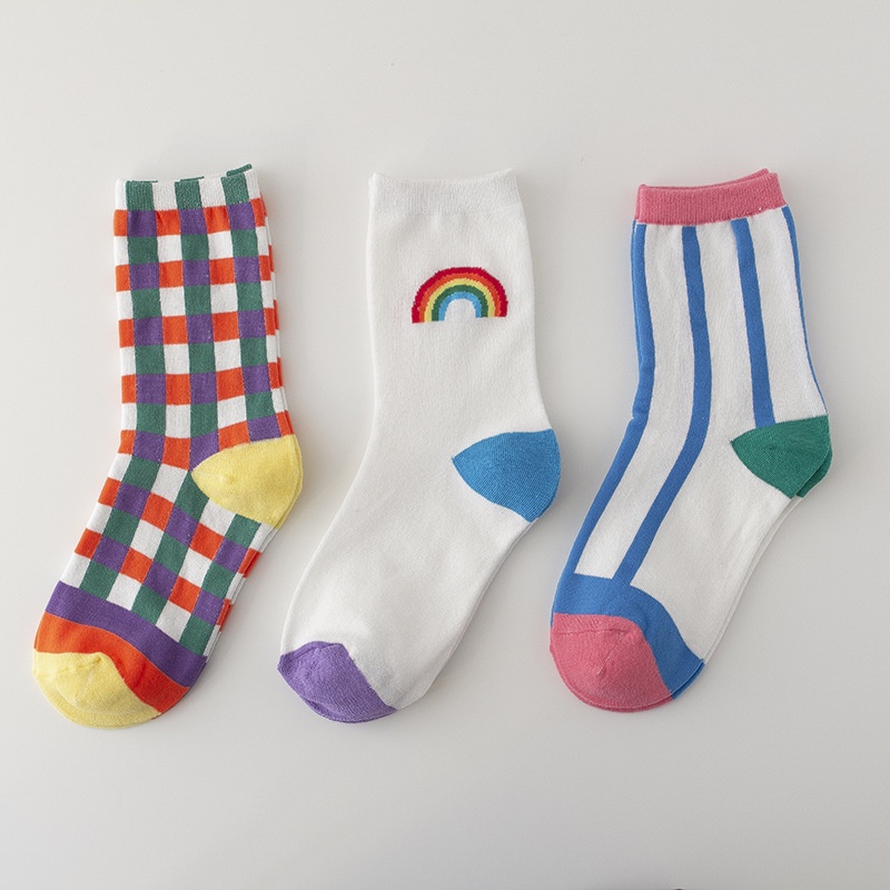 WAFNHA D308 Vớ cotton Cổ Trung Màu Cầu Vồng Phong Cách Hàn Quốc Thời Trang Cho Nữ