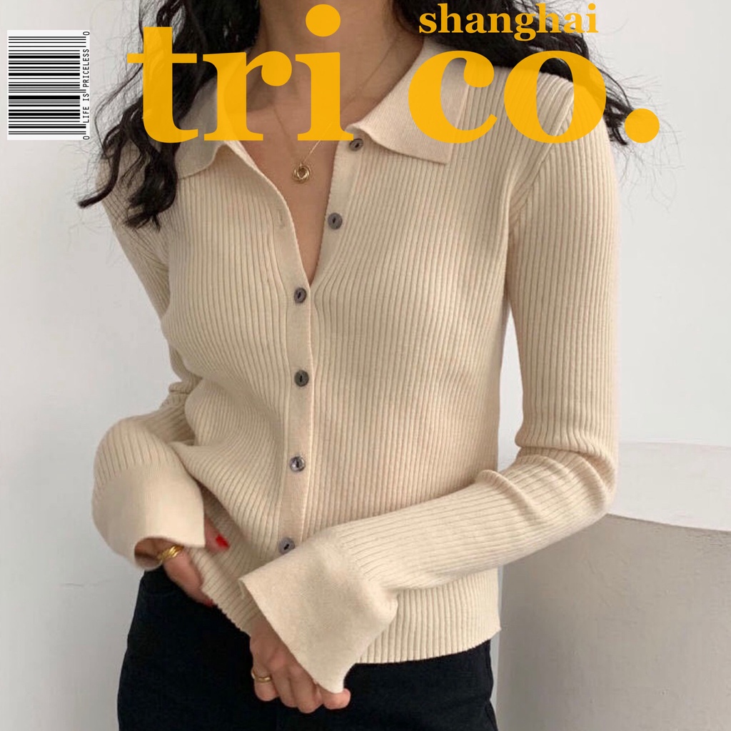 Áo khoác cardigan dệt kim cổ polo dáng ôm thời trang thu đông dành cho nữ