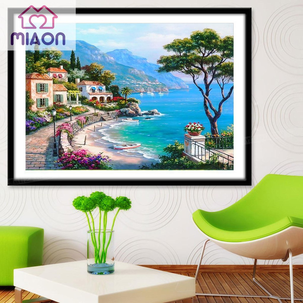 Bộ phụ kiện làm tranh đính đá DIY họa tiết 5D hình làng quê đơn giản | BigBuy360 - bigbuy360.vn