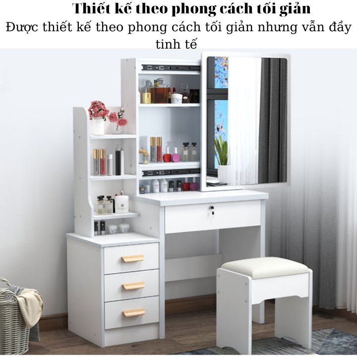 Bộ Bàn Ghế Trang Điểm Kèm Gương - Bàn Phấn Có Tủ Ẩn Sau Gương Và Ngăn Kéo