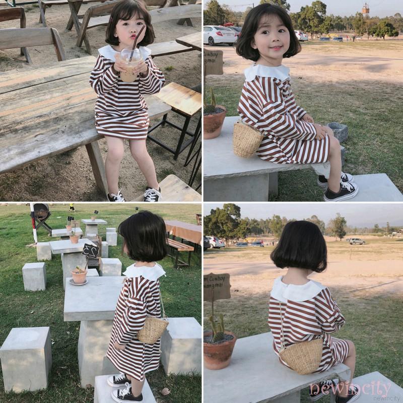 Đầm công chúa tay dài cổ búp bê kẻ sọc dễ thương phong cách Hàn Quốc thời trang xuân thu dành cho bé gái