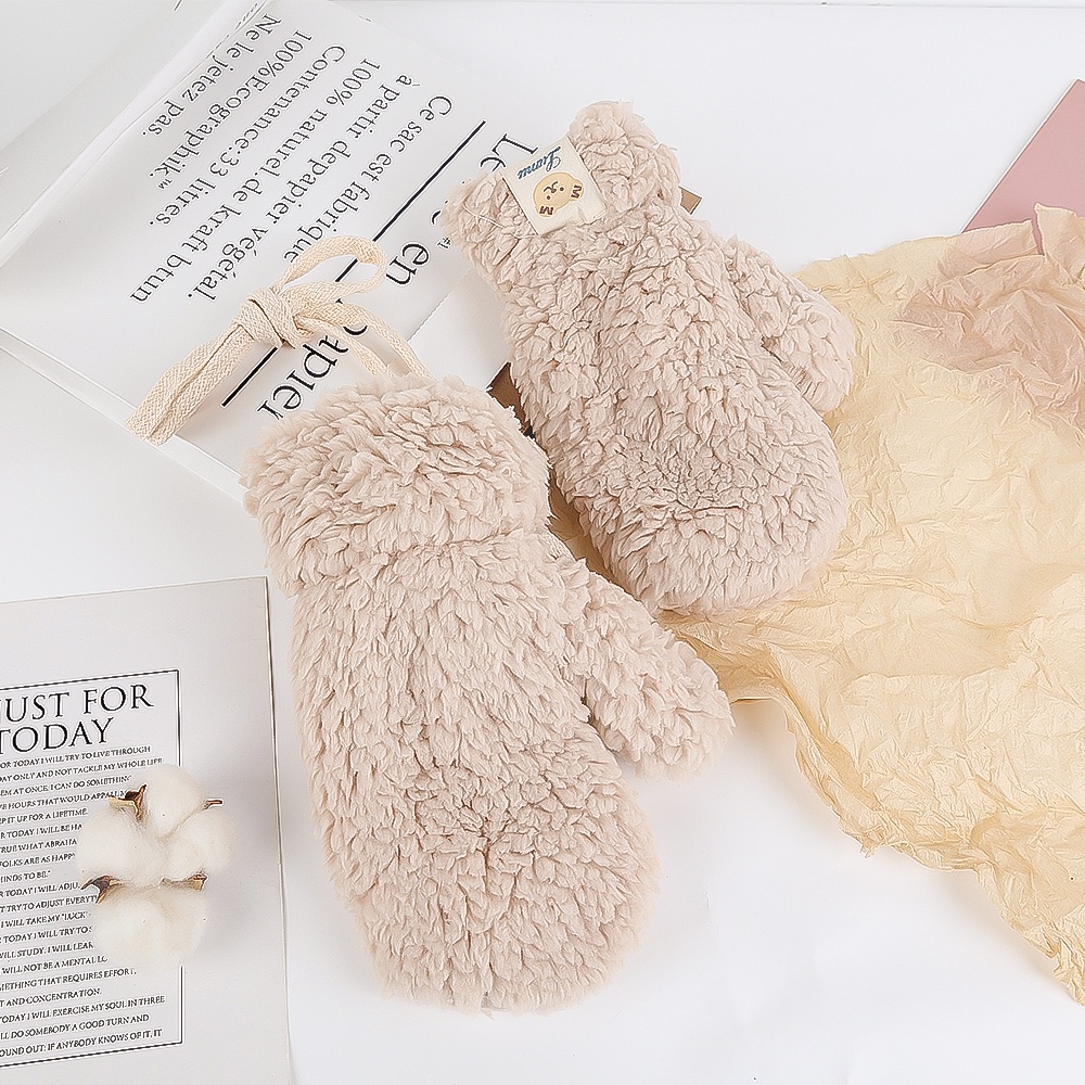 Cute Bear Claw White Gloves Plush Thickened Hanging Neck Korean Mittens Autumn Soft Mitts Keep Warm Cotton Wool Winter Cold Proof Khaki Beige White Simple Students Famale Girls