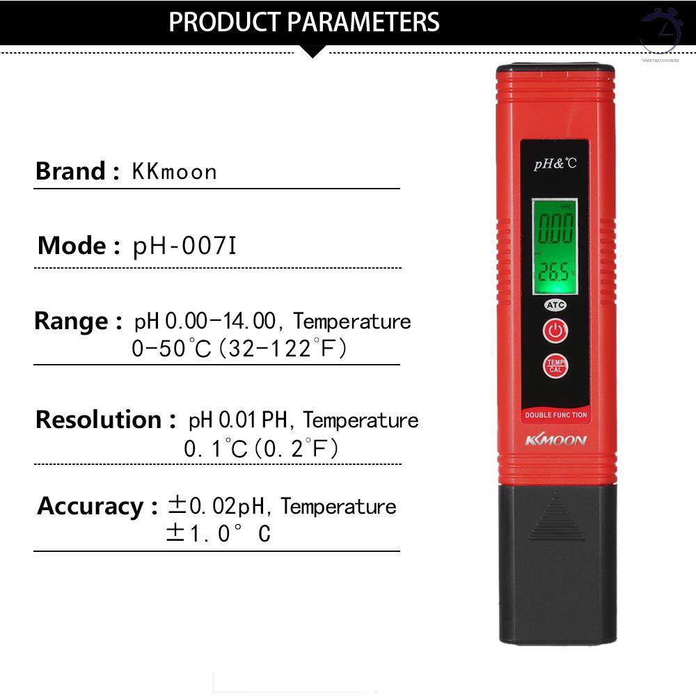Máy đo pH dạng bút KKmoon chuyên nghiệp & tiết kiệm điện năng Độ chính xác cao với bù nhiệt độ tự động Chức năng ATC Tự động hiệu chuẩn và đèn nền LCD Máy đo độ axit di động Thiết bị phân tích chất lượng nước & pH TEMP♠