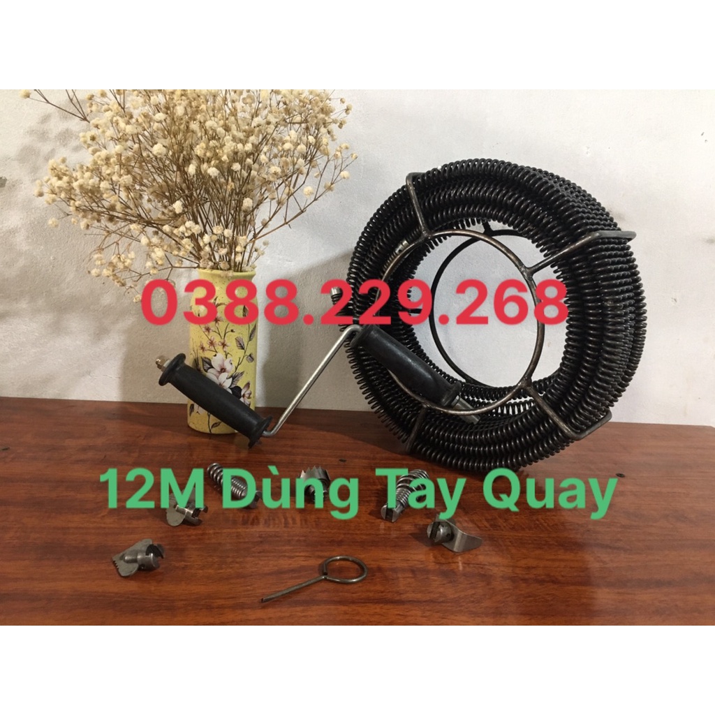 Dây thông tắc cống 12m dây thông phi 16, 6 đầu thông, và 1 tay quay , dây thông cống , máy thông cống , dây lò xo