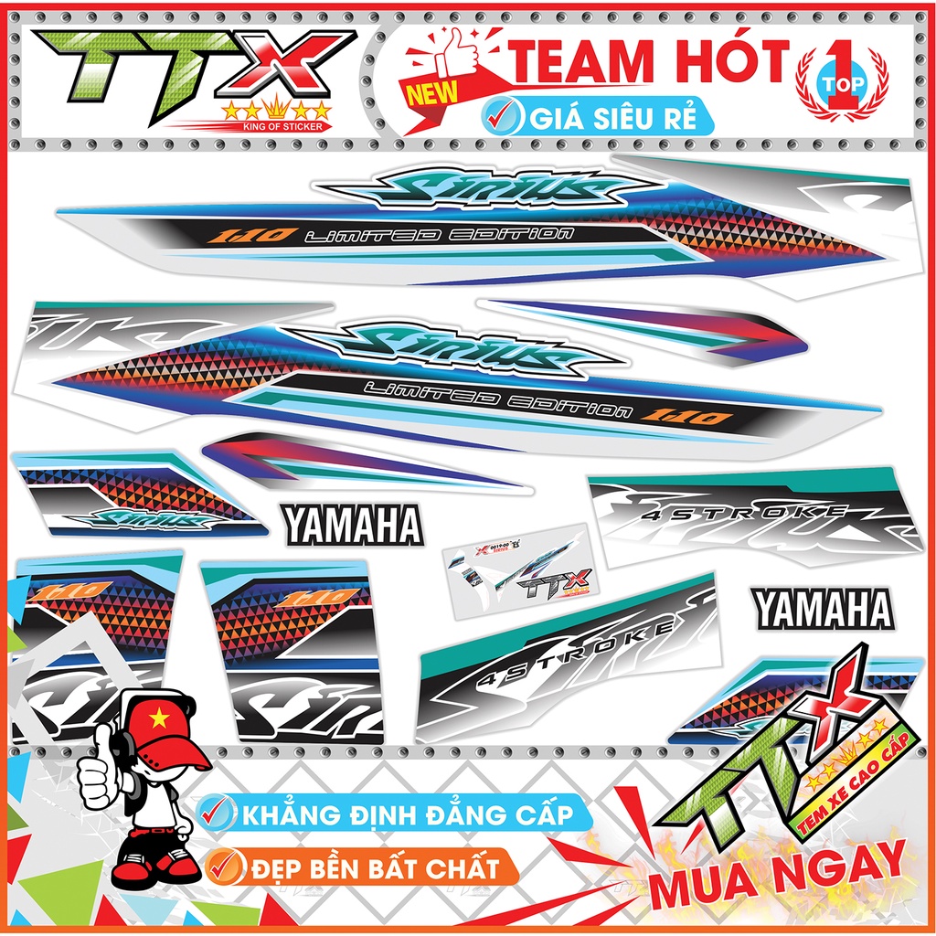 Tem chế sirius 110 tam giác nhỏ , Team rời sirius dán xe màu trắng siêu đẹp , Shop TTX Tem sirius mã
