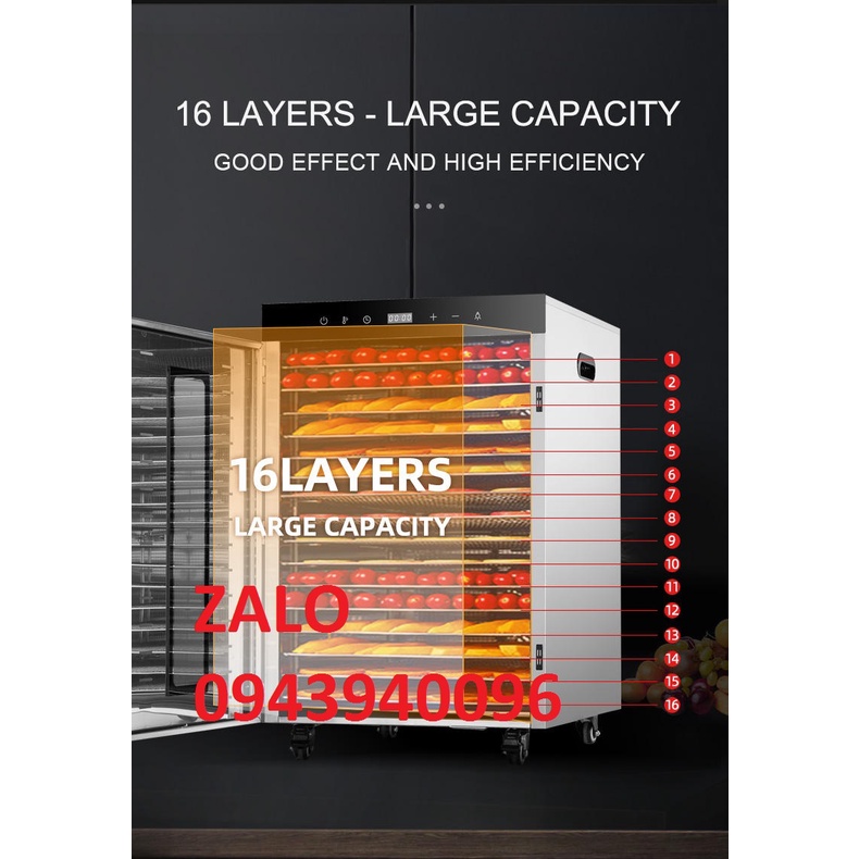 Máy sấy thực phẩm 16 khay sấy trái cây khô heo bò gà-inox 100%-lớp cách nhiệt dày dặn-bảo hành 1 năm