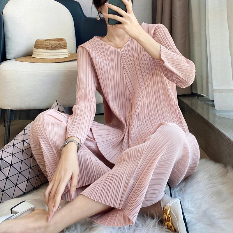 Miyake Bộ Áo + Quần Ống Loe Lưng Cao Thời Trang Mùa Xuân Thu 2022 Phong Cách Phương Tây