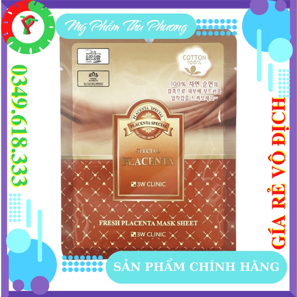 1 Mặt nạ giấy nhau thai cừu mỹ phẩm Hàn Quốc chính hãng dưỡng da cao cấp 3W Clinic Fresh Placenta mask sheet