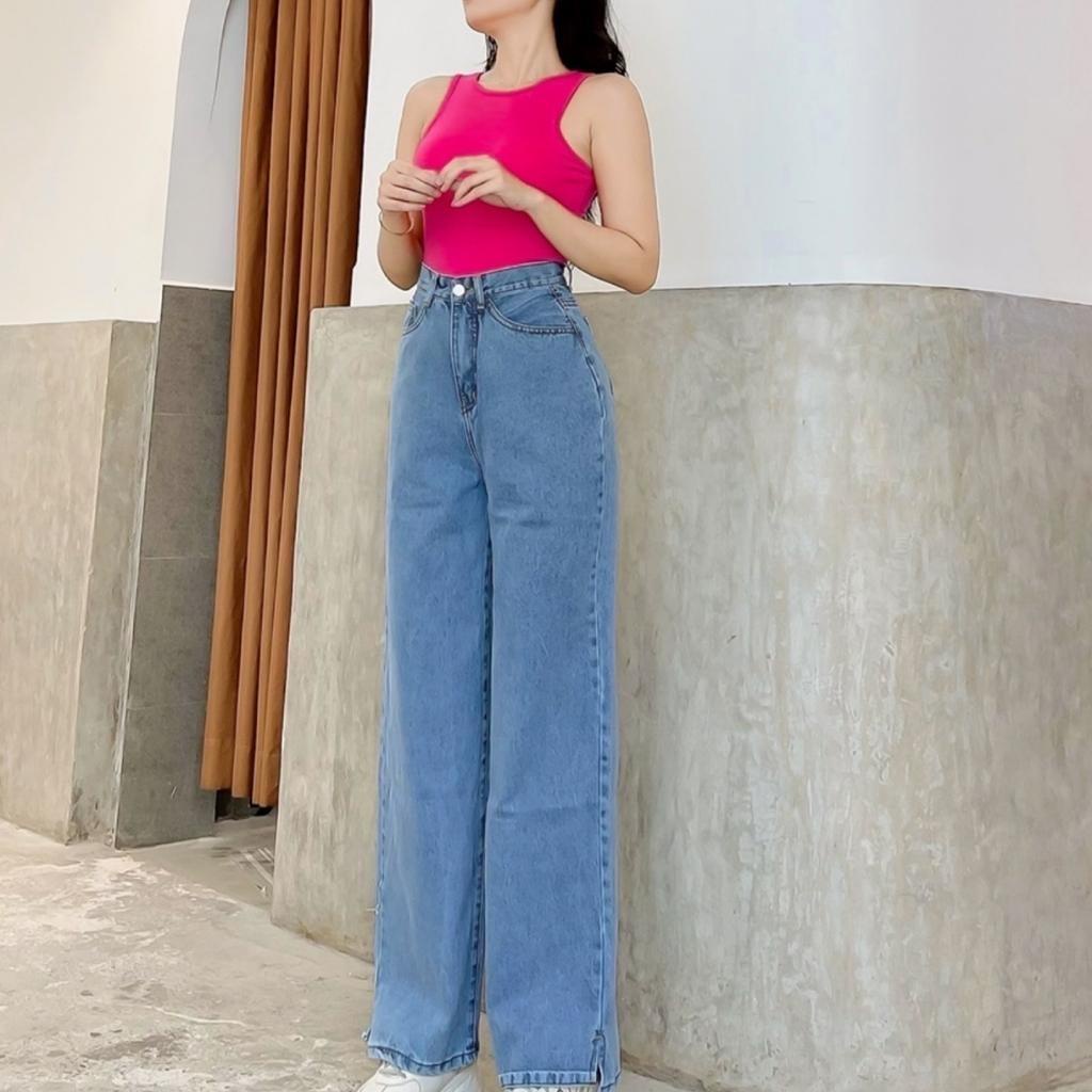 Quần jean nữ ống suông lai xẻ màu xanh nhạt, chất vải mềm mại, dày dặn phong cách Hàn Quốc MT5237