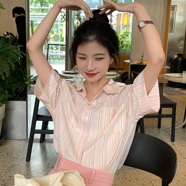 Áo Sơ Mi Tay Ngắn Dáng Rộng Họa Tiết Kẻ Sọc Đơn Giản Thời Trang Mùa Hè Cho Nữ