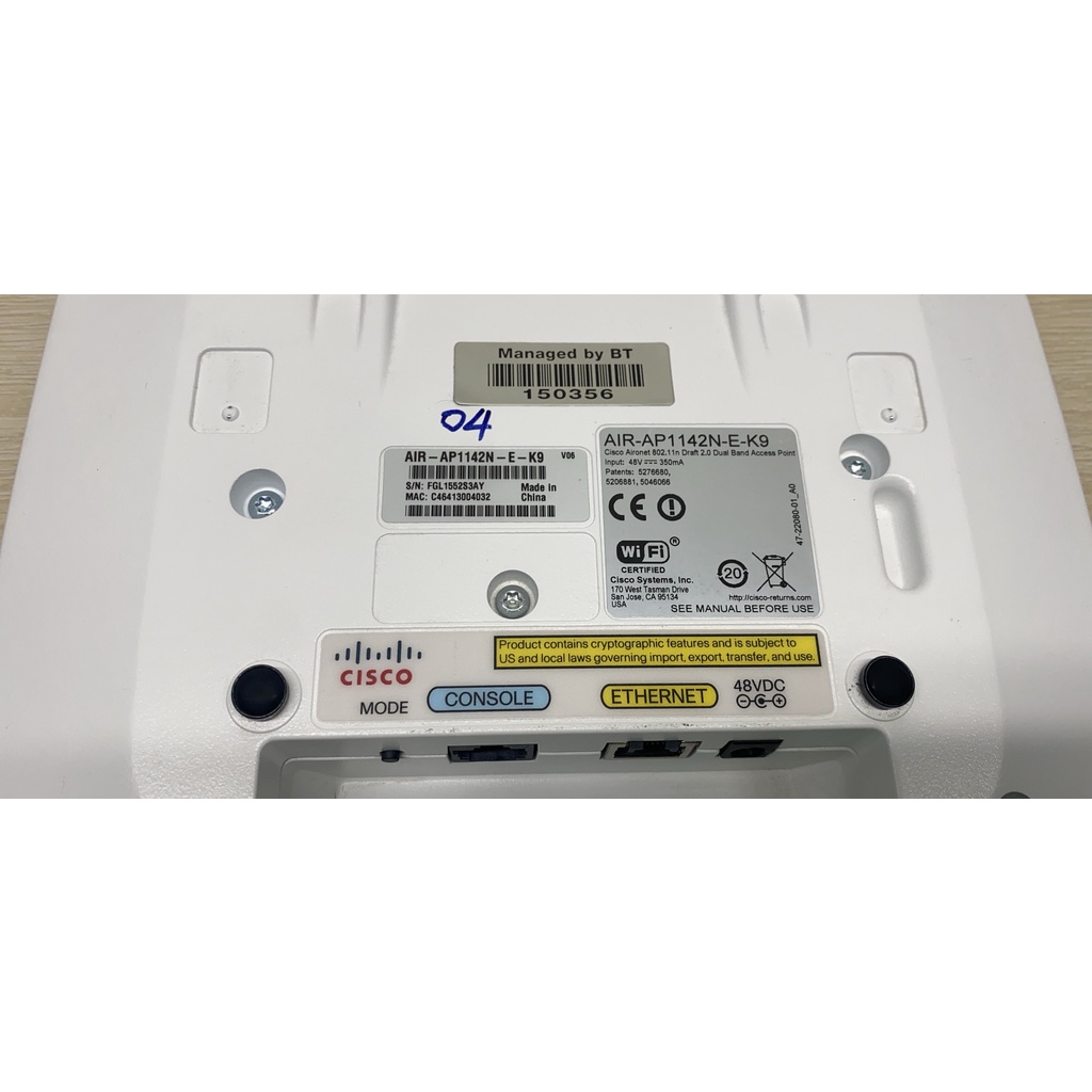 Thiết bị phát wifi Cisco AIR-AP1142N-E-K9, chuẩn A/B/G/N 300 Mbit/s, 2 băng tần 2.4GHz và 5GHz, POE 802.3af