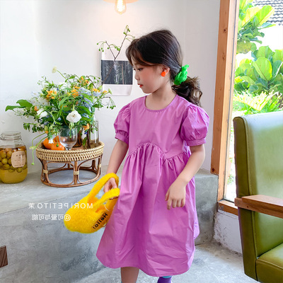 Váy tay áo ngắn phồng màu trơn cho bé gái