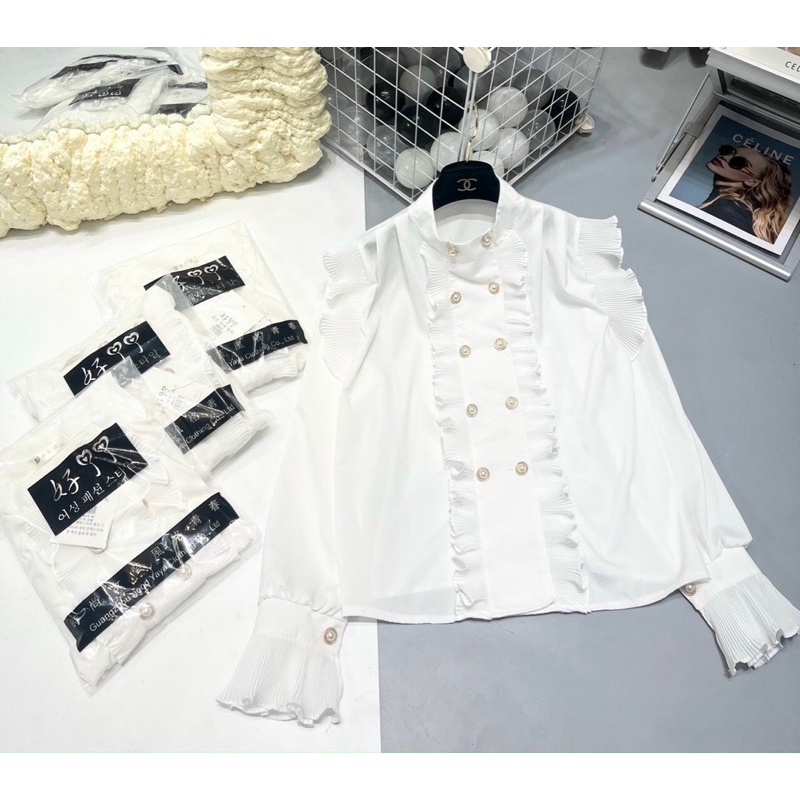 Áo sơ mi thô mềm bèo dập ly  2 hàng khuy ngọc