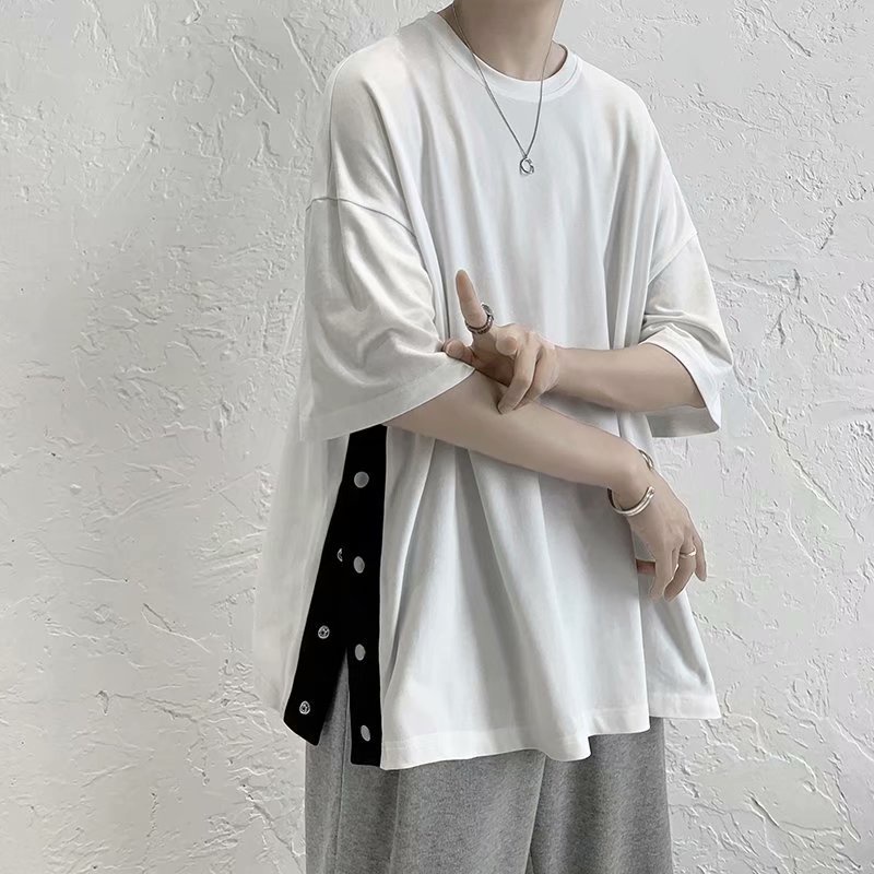 Áo Thun Trơn Dáng Rộng Xẻ Tà Unisex Phối Hàng Cúc Bấm Phong Cách Ullzang,Áo Phông Tay Lỡ Chất Cotton Dày Thoáng Mát