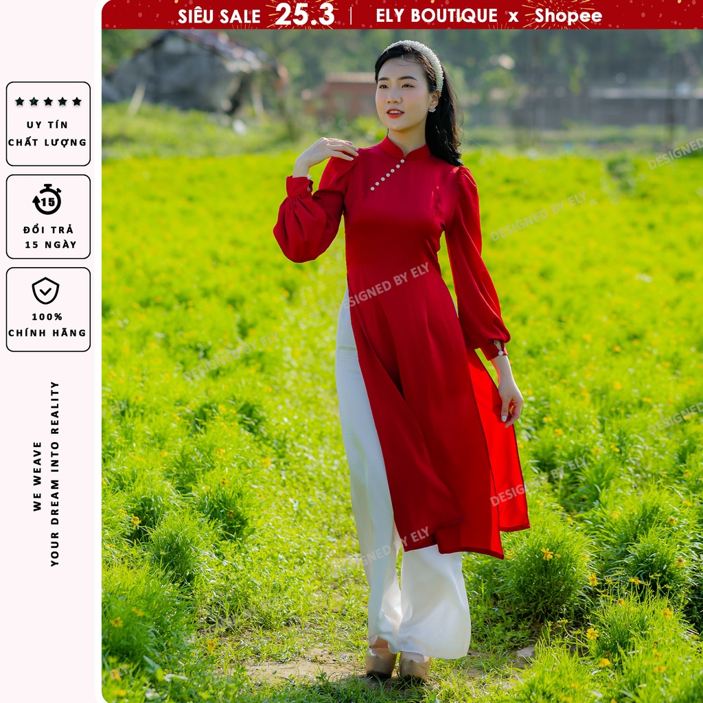 Áo dài cách tân nữ tay dài ELY đính hạt 2 tà ngắn chuẩn form đẹp, đơn giản LHS06