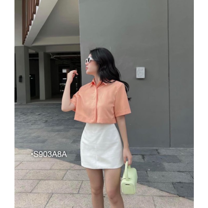 Set Bộ Váy Croptop Sơ Mi Cam Cộc Tay Form Rộng Cổ Đức Quần Váy Trắng Form A