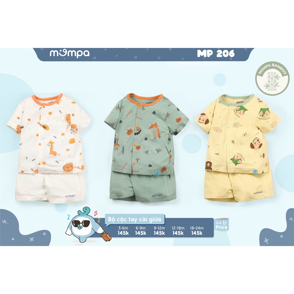 Bộ trẻ em cộc tay Mompa cài giữa MP206 - Chất liệu Bamboo thoáng mát - 3 Màu cho bé 6-25M
