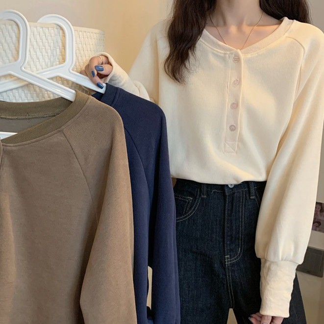 Áo len nữ mỏng croptop tay dài cổ tròn màu trắng, đen chất đẹp hàng quảng châu thời trang thu đông kiểu