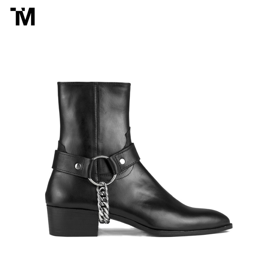 GIÀY BOOTS NAM TARMOR MÀU ĐEN KÈM PHỤ KIỆN DÂY XÍCH BLACK LEATHER HARNESS BOOTS  WITH CHAIN