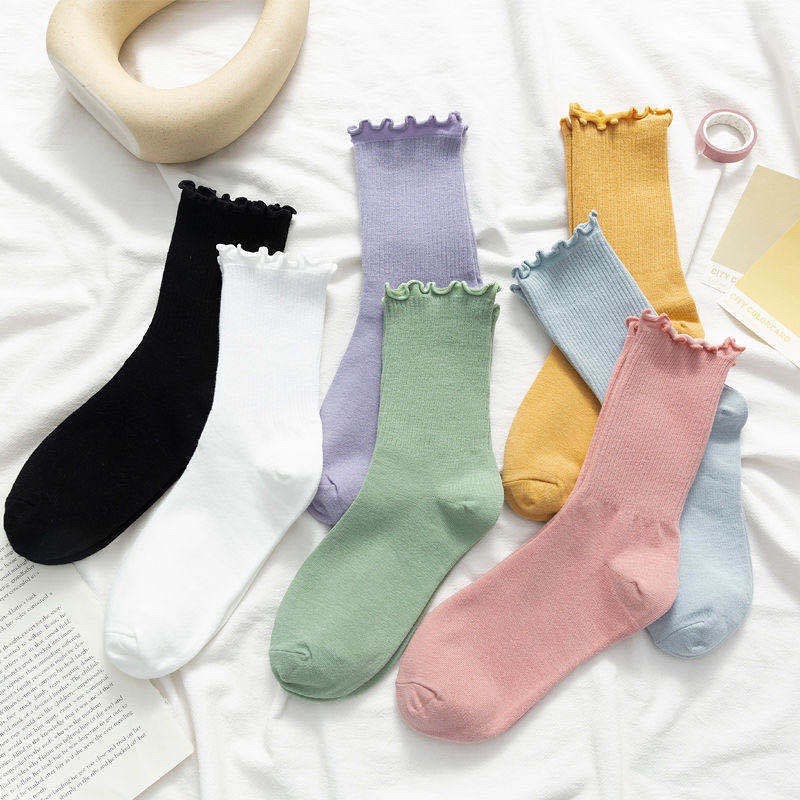 Tất cổ cao nữ bèo nhún, vớ nhún nữ cổ cao màu trơn basic thời trang Vintage Hàn Quốc chất cotton đẹp