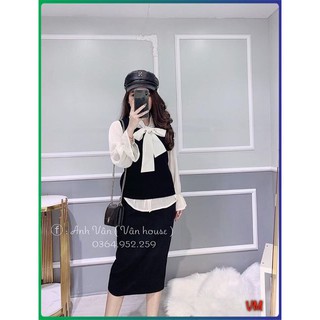 [ĐẸP ĐỘC LẠ] Set áo sơ mi voan buộc nơ cổ kèm áo gile len [DT592] hàng tuyển chọn