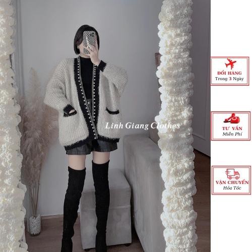 Áo khoác cardigan len nữ lông thỏ viền ngọc oversize dáng dài phom rộng ulzzang Hàn Quốc mùa thu đông