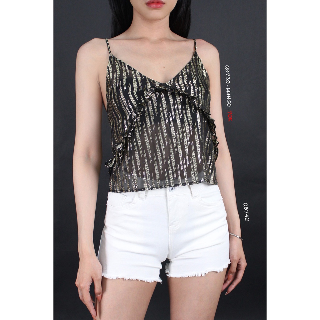 Q8739 - Áo lưới croptop Mango 2 dây, bèo ngực, phối kim tuyến sọc kiểu
