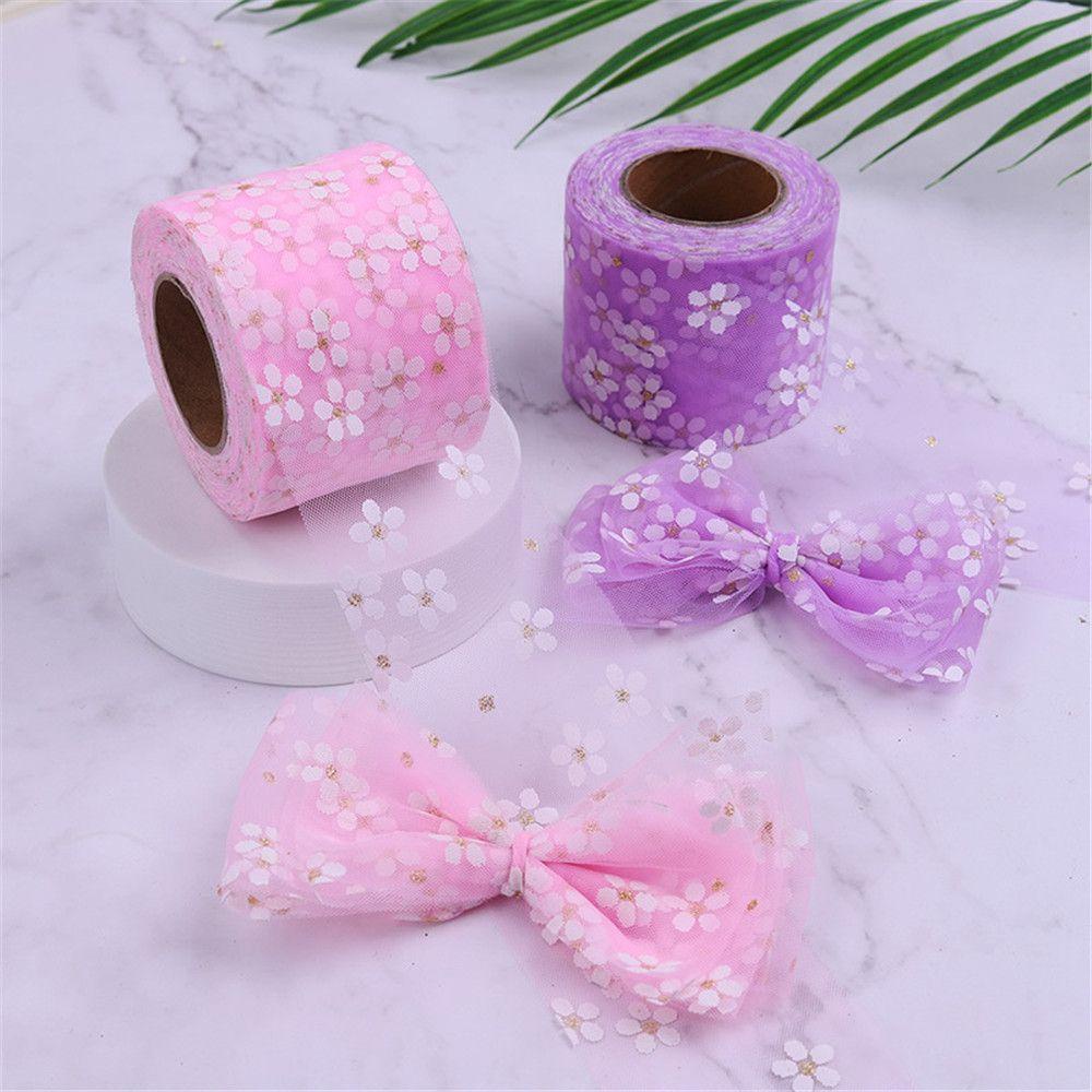 Cuộn Ruy Băng Bằng Vải Tuyn Phối Lưới Họa Tiết Hoa Cúc 6cm 25Yards