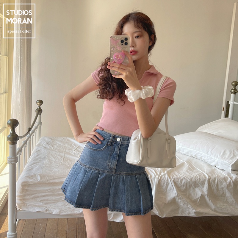 Solid color shirt, high-waist denim lace skirt, female bag hip pleated skirt, women's knitted sweater short-sleeved top, summer Korean version