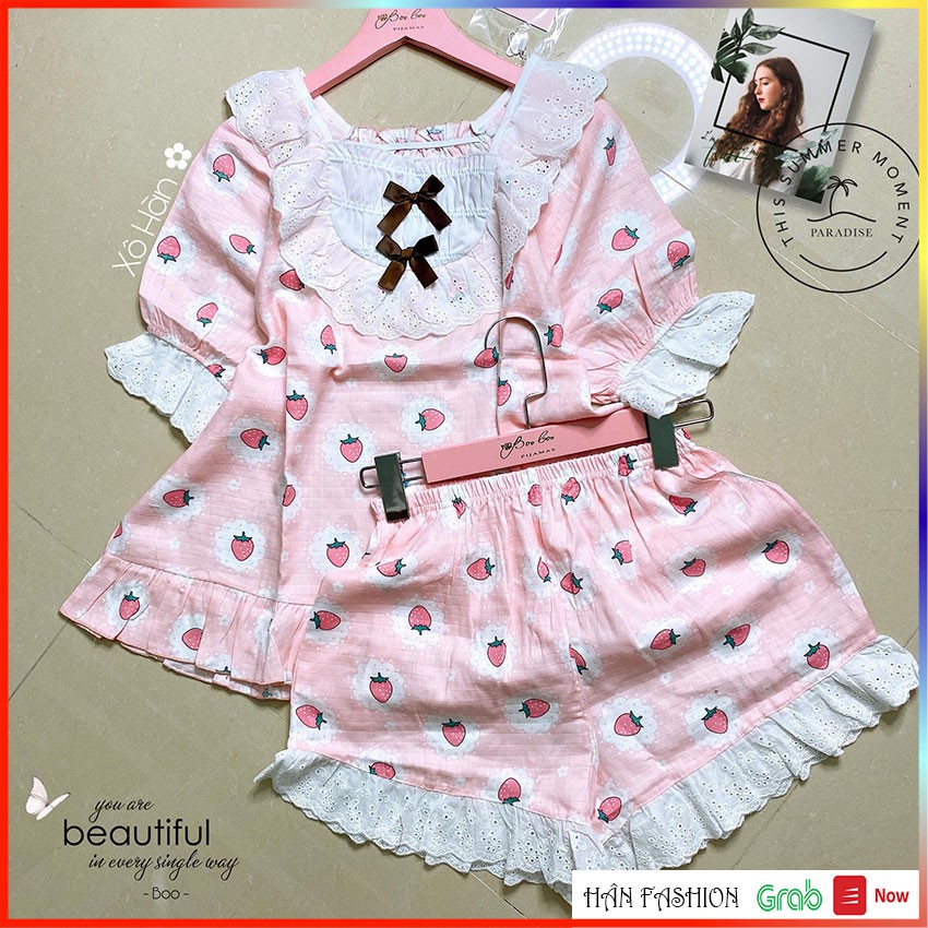 Bộ Ngủ Ren Xô Hàn – Đồ Ngủ Nữ Tay Ngắn Quần Ngắn Hoạt Tiết Đẹp | Hân Fashion | Ship Nhanh 2h | BigBuy360 - bigbuy360.vn