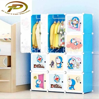 Tủ quần áo nhựa lắp ghép đa năng 12 ô sâu 37 CM ( cửa Doremon Bánh Rán- Xanh Dương)