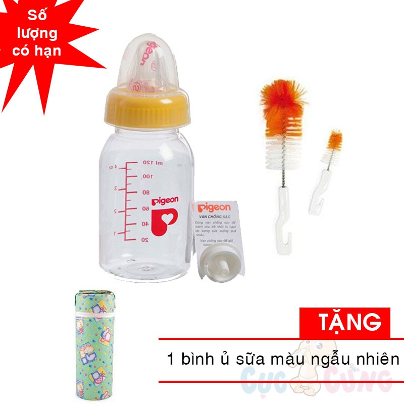 Bình sữa Pigeon 120ml nhựa PP + 1 cọ rửa bình sữa TẶNG ủ bình sữa đơn màu ngẫu nhiên