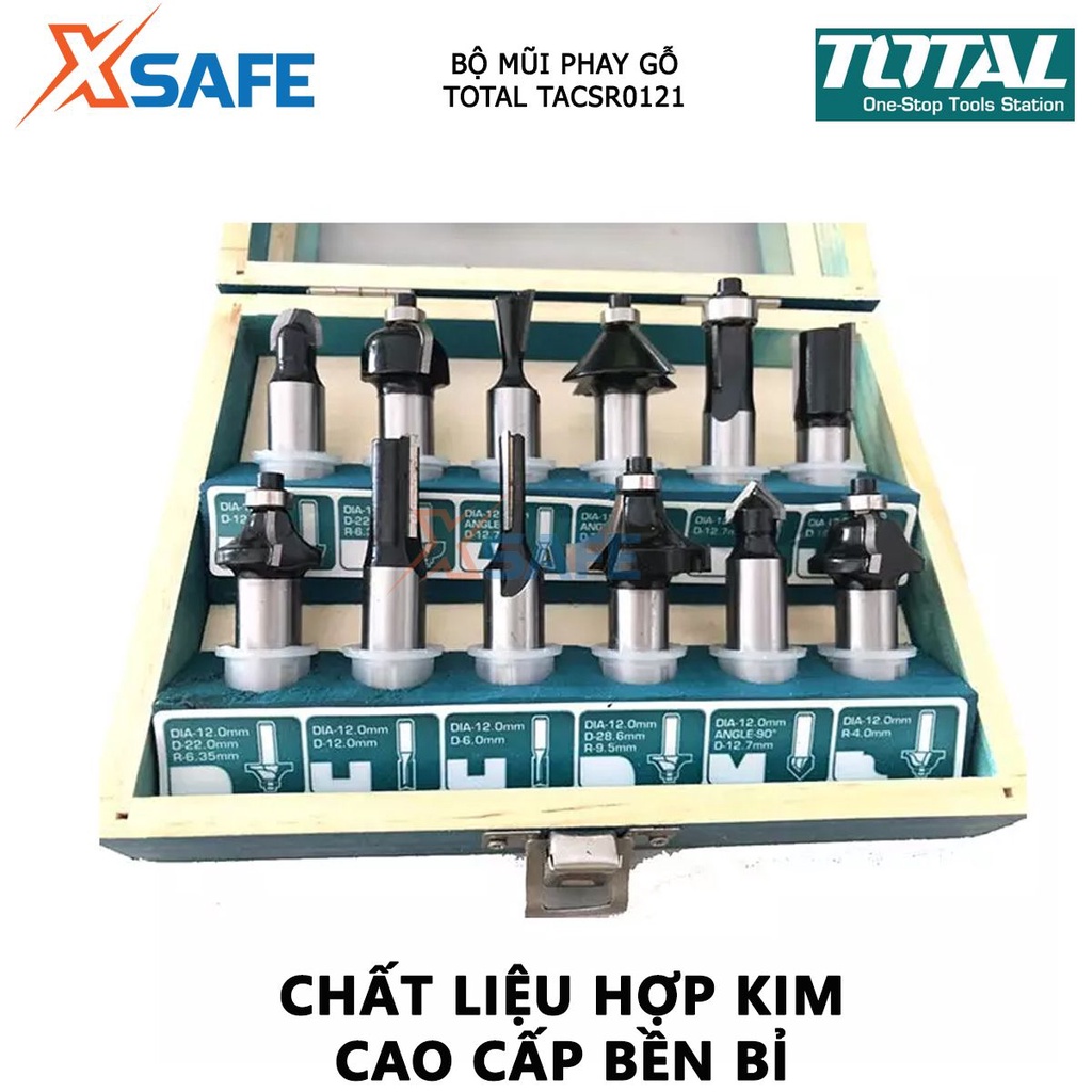 Bộ 12 mũi phay gỗ TOTAL đường kính mũi 6-8-12mm, dùng tạo hình, chạm khắc bề mặt gỗ - chính hãng