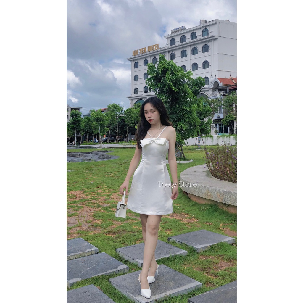 Váy 2 Dây Nữ Trễ Vai Nơ Ngực 🌱 Đầm 2s Cúp Ngực Chất TAFTA Dáng Ngắn 2 Màu 🌱