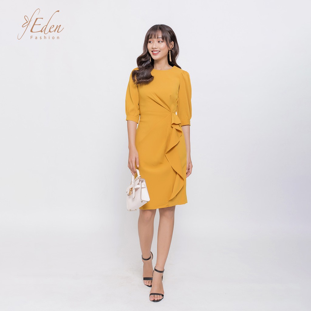 Đầm công sở nữ thiết kế thời trang Eden dạng váy ôm body tay lỡ phối bèo ở eo cổ tròn duyên dáng sang trọng - D400